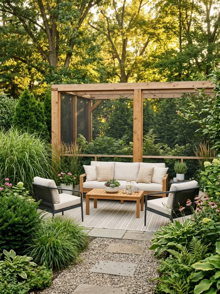 screened garden lounge cozy backyard idea 2026