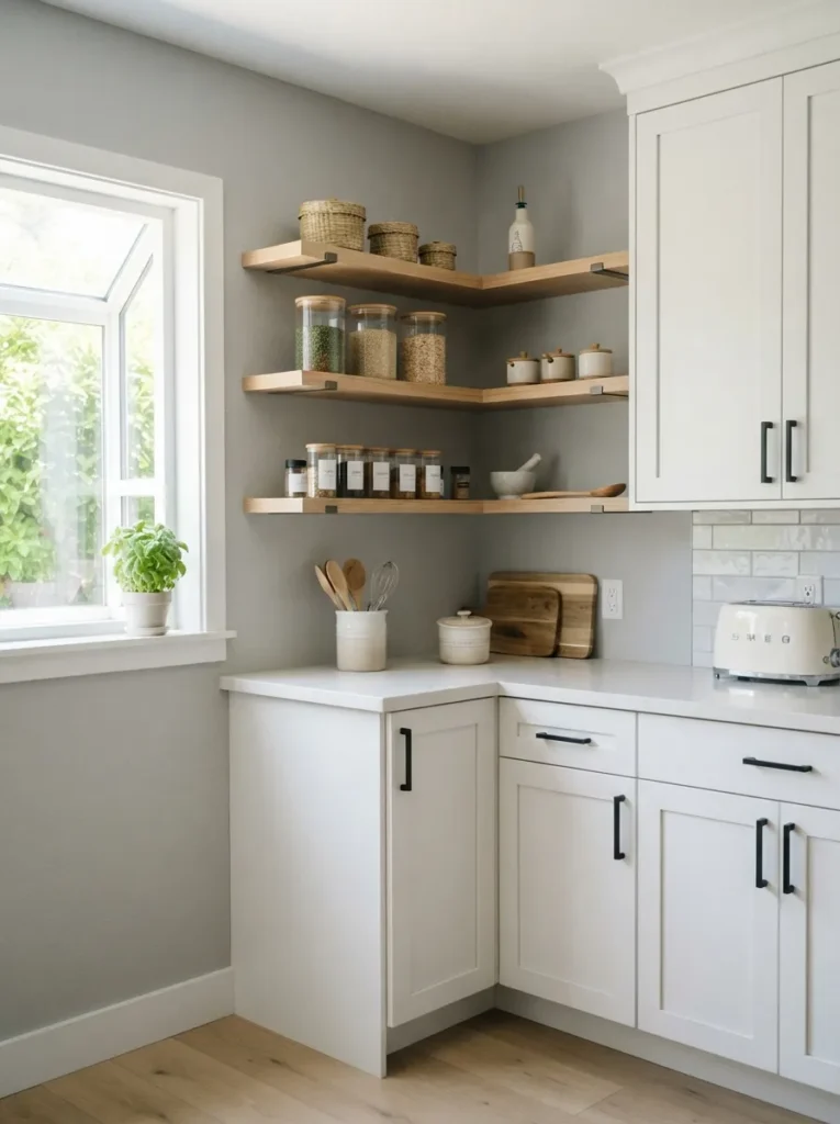 slim corner shelves corner kitchen pantry idea 2026
