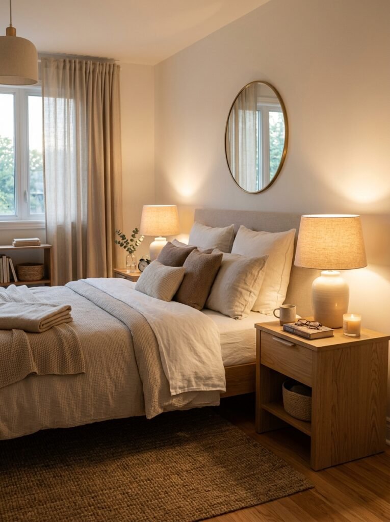 soft ambient lighting fall bedroom decor idea 2026