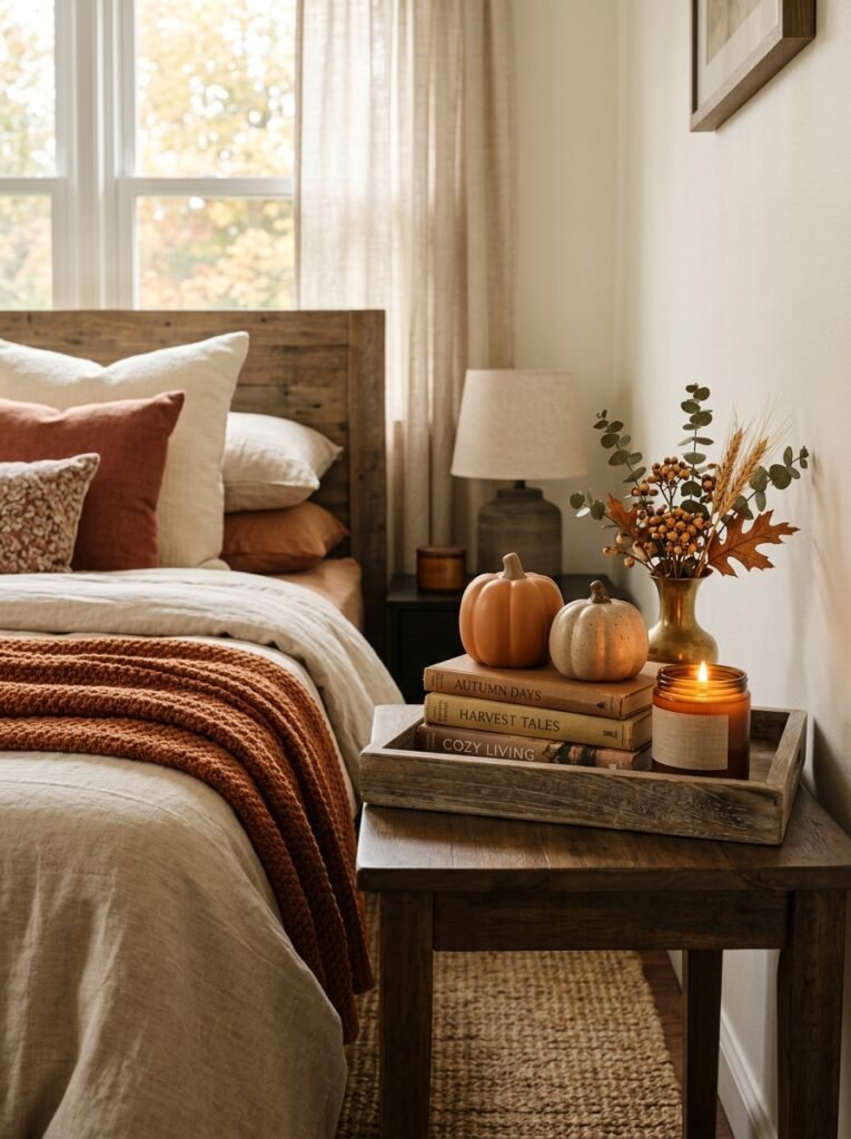 subtle harvest decor fall bedroom decor idea 2026