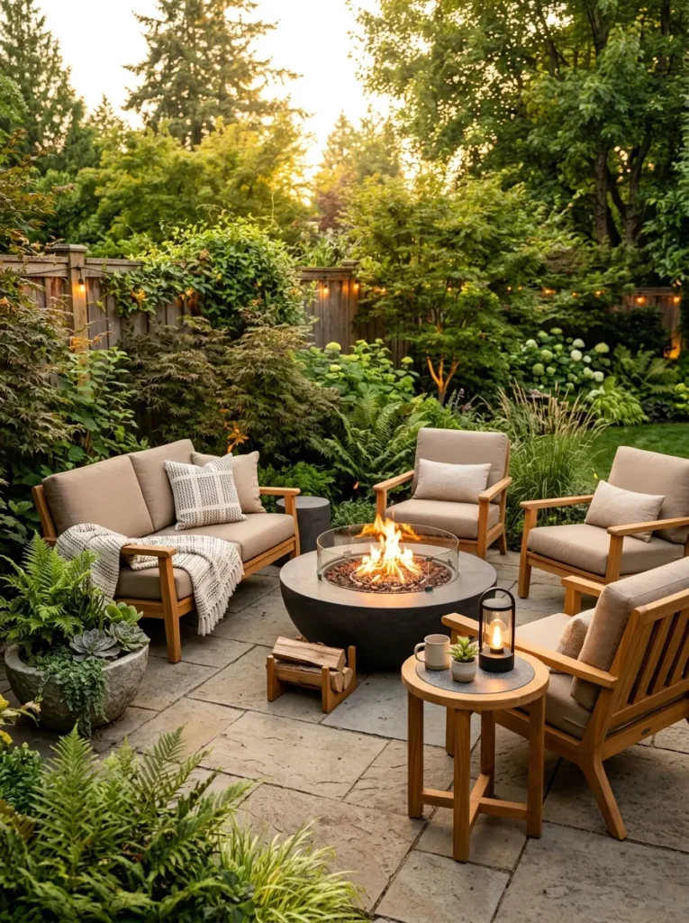 teak conversation set backyard fire pit lounge idea modern