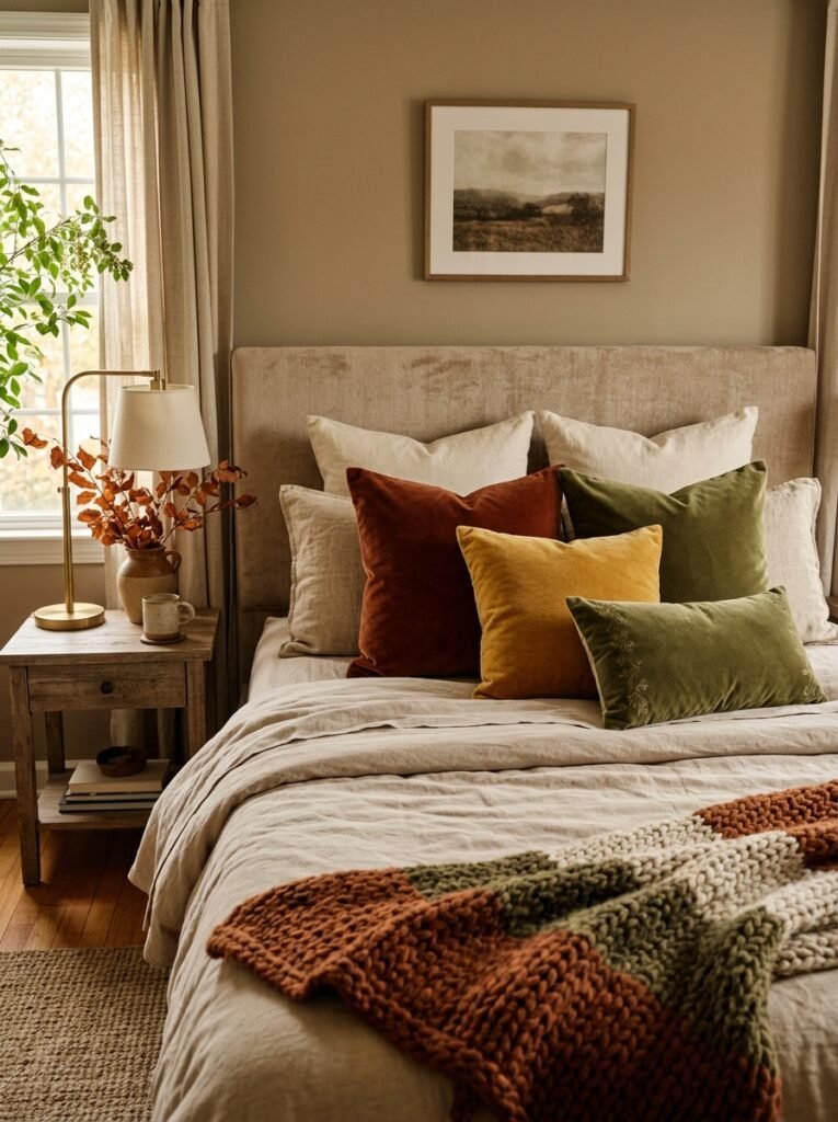 velvet accent pillows fall bedroom decor idea modern