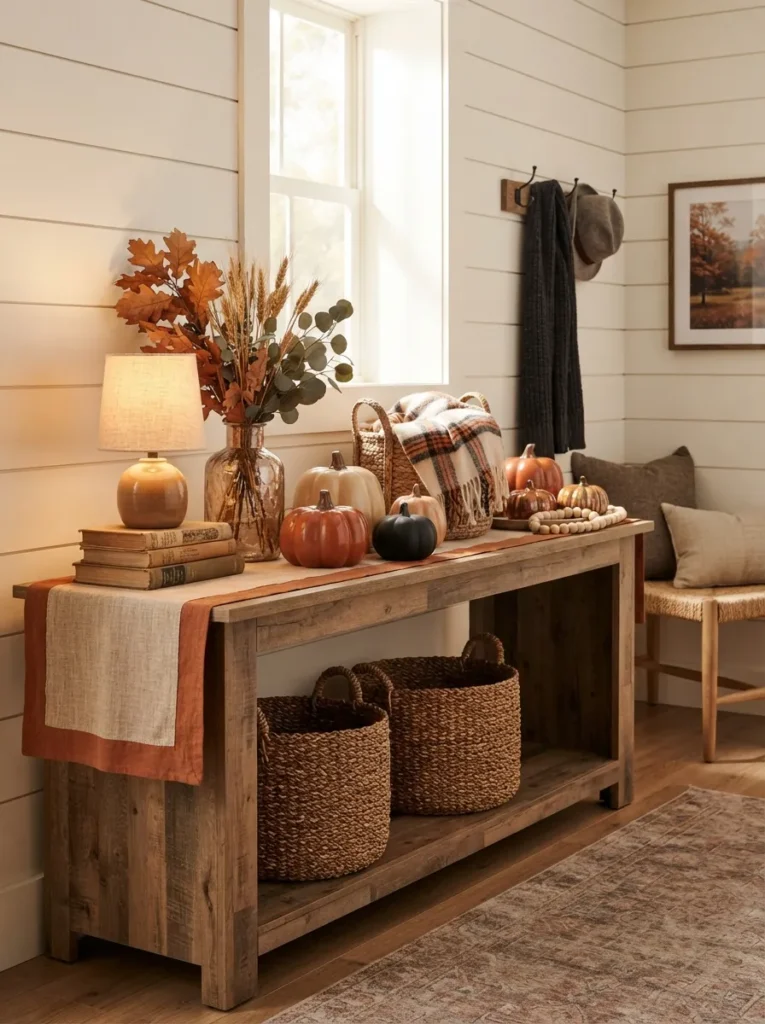 warm entry console fall home decor idea 2026