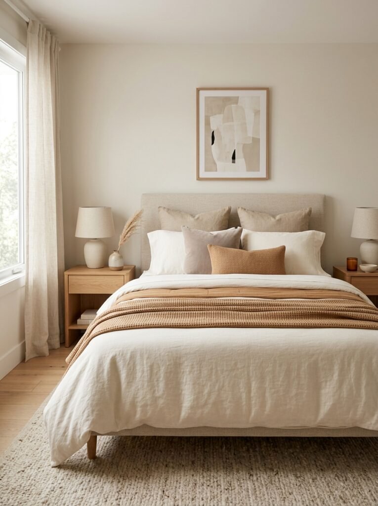 warm neutral bedding fall bedroom decor idea modern