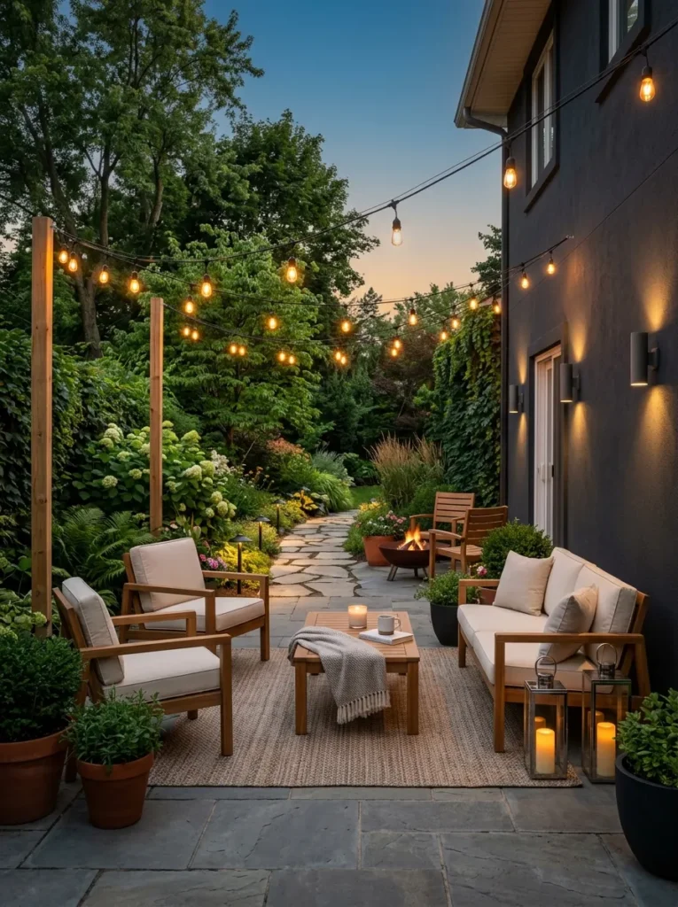 warm patio lighting cozy backyard idea modern