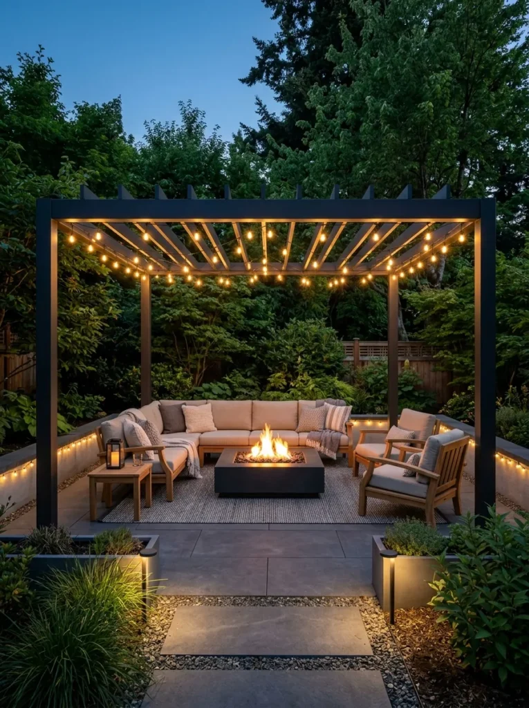 warm string lighting backyard fire pit lounge idea modern