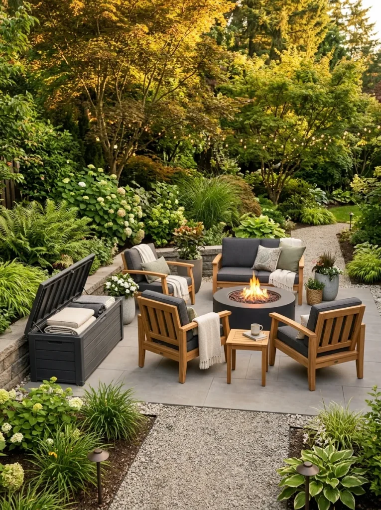 weatherproof lounge storage backyard fire pit lounge idea modern