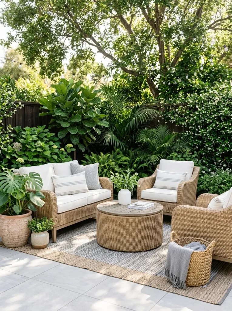wicker seating corner cozy backyard idea modern