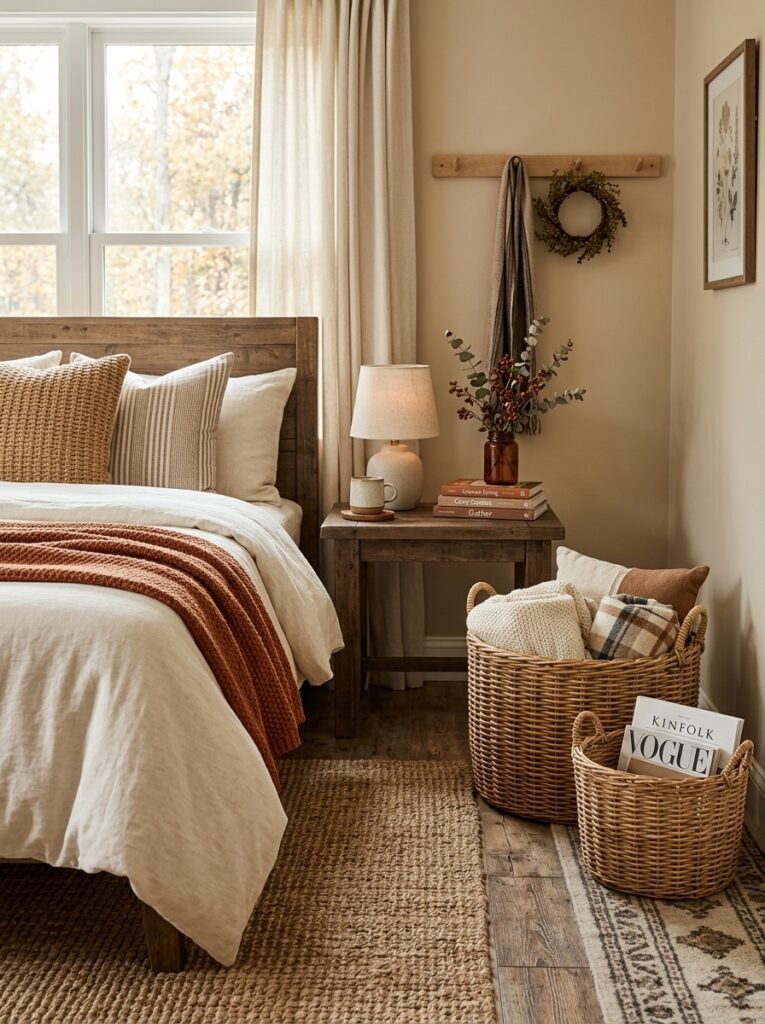 woven basket storage fall bedroom decor idea 2026