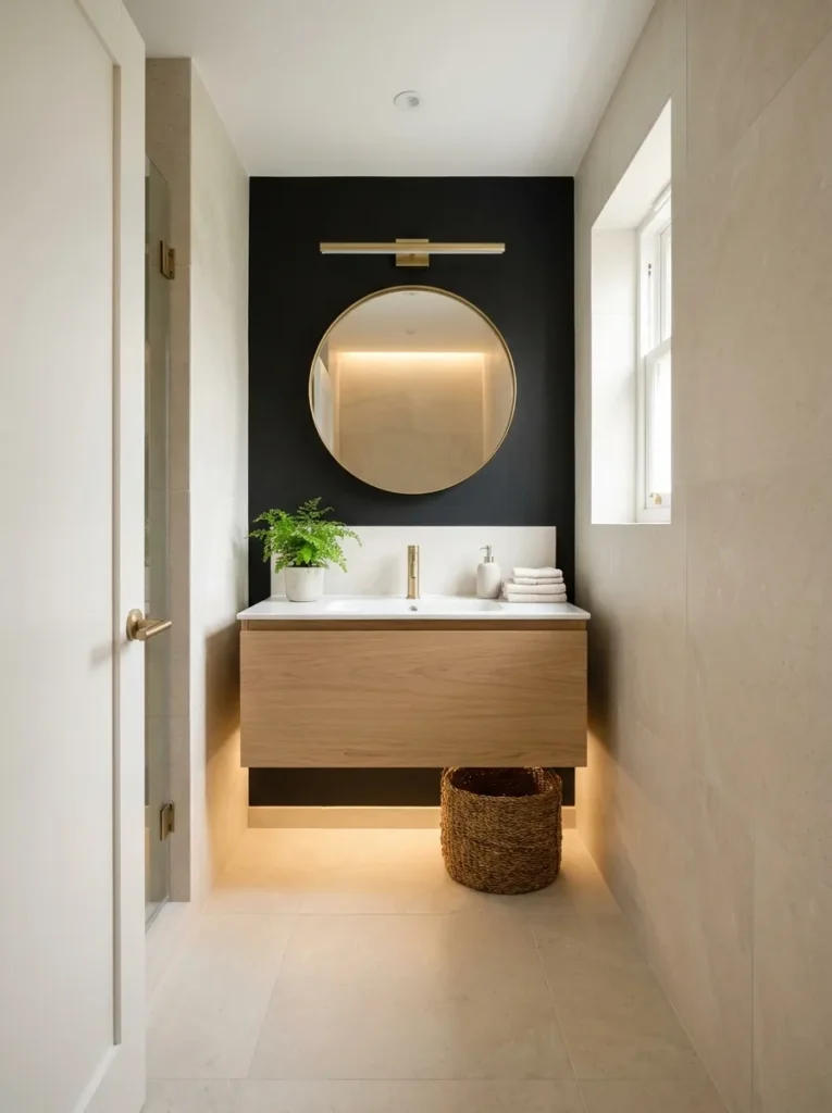 black bathroom vanity black accent wall idea modern