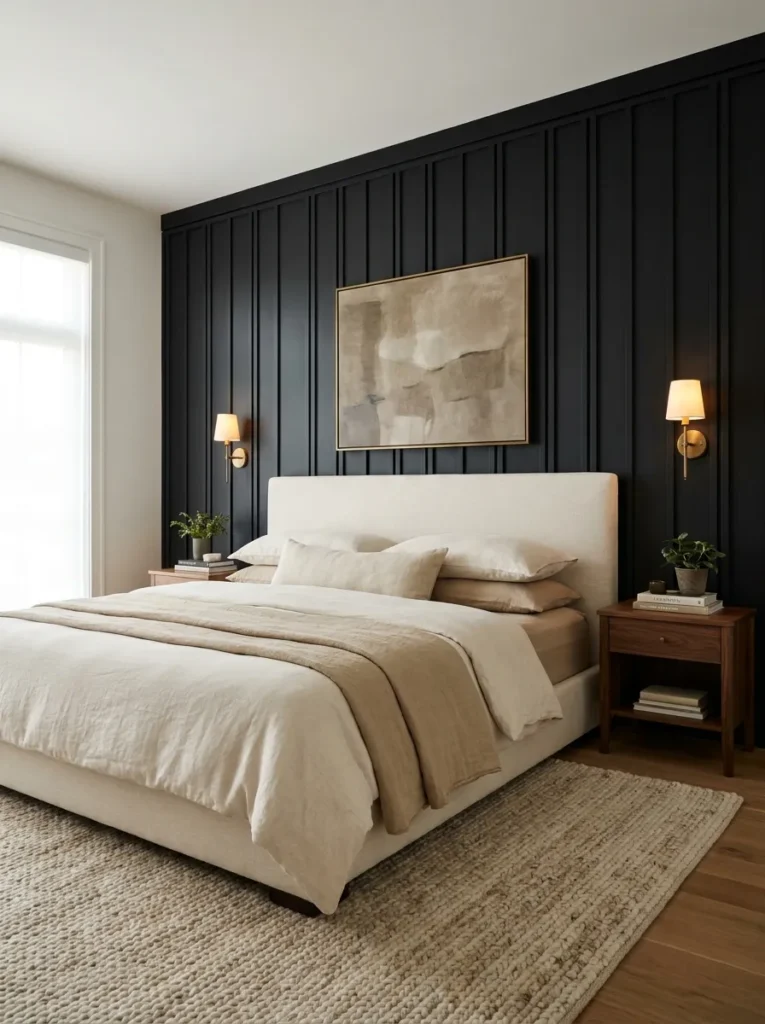 black bedroom paneling black accent wall idea 2026