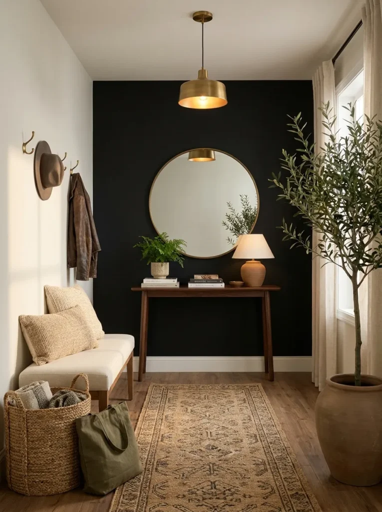black entryway focal point black accent wall idea 2026
