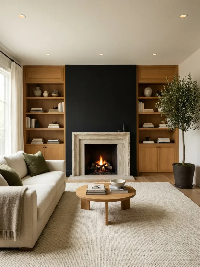 black fireplace feature black accent wall idea modern