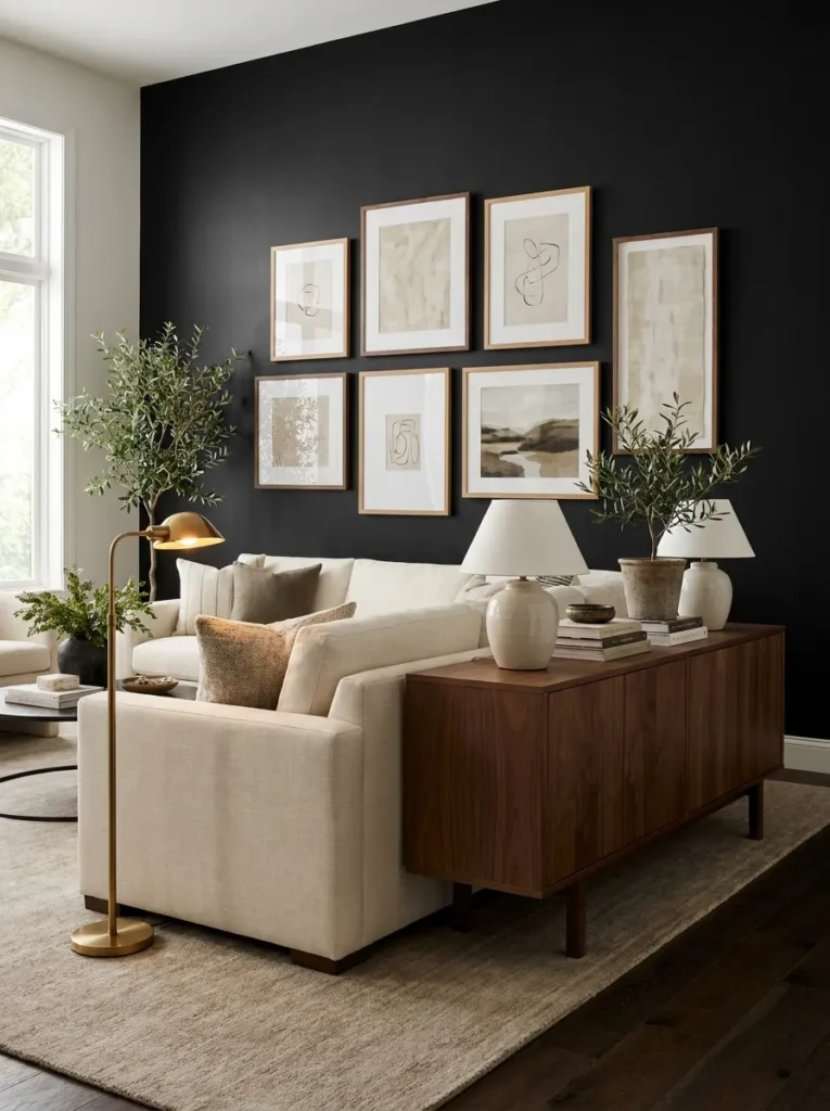 black gallery wall black accent wall idea modern
