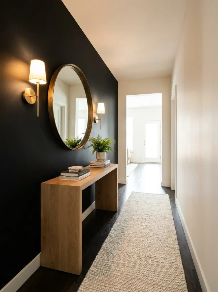 black hallway statement black accent wall idea modern