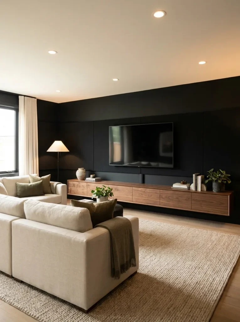 black media wall black accent wall idea modern