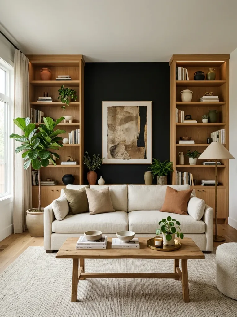 black natural wood pairing black accent wall idea 2026