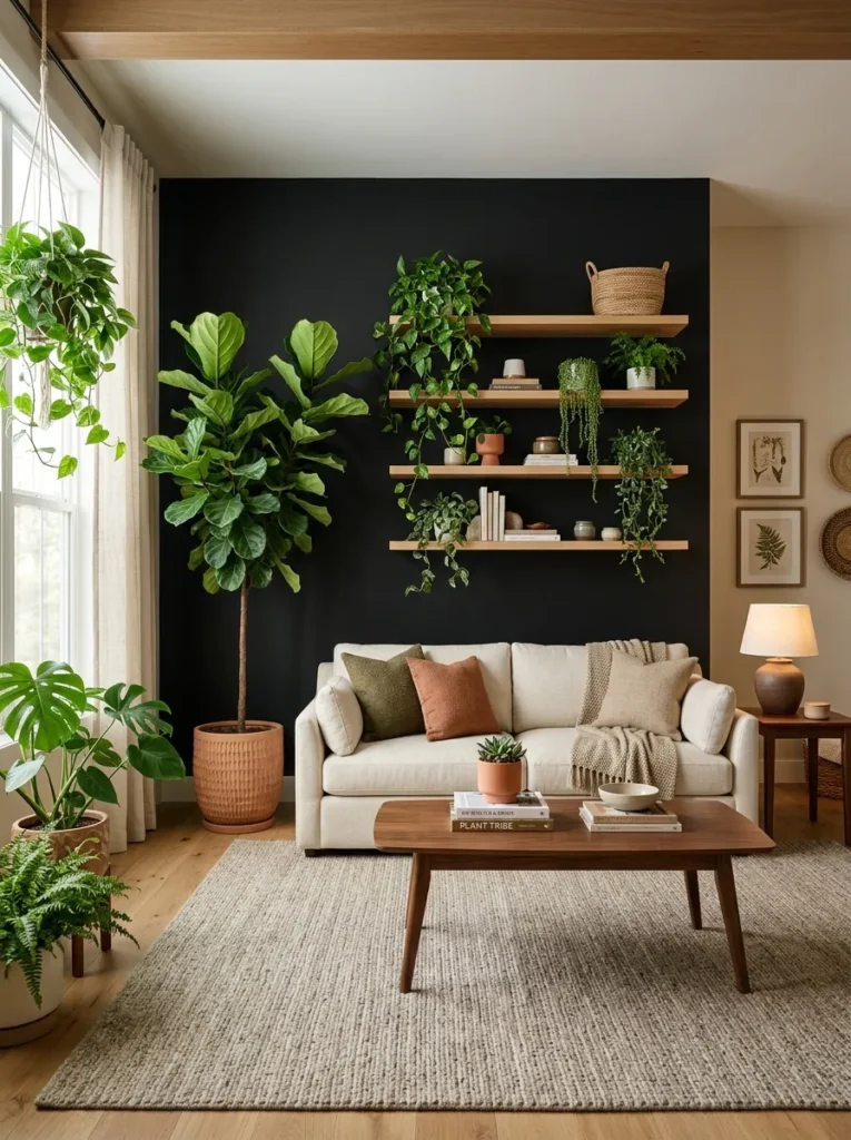 black plant filled wall black accent wall idea modern