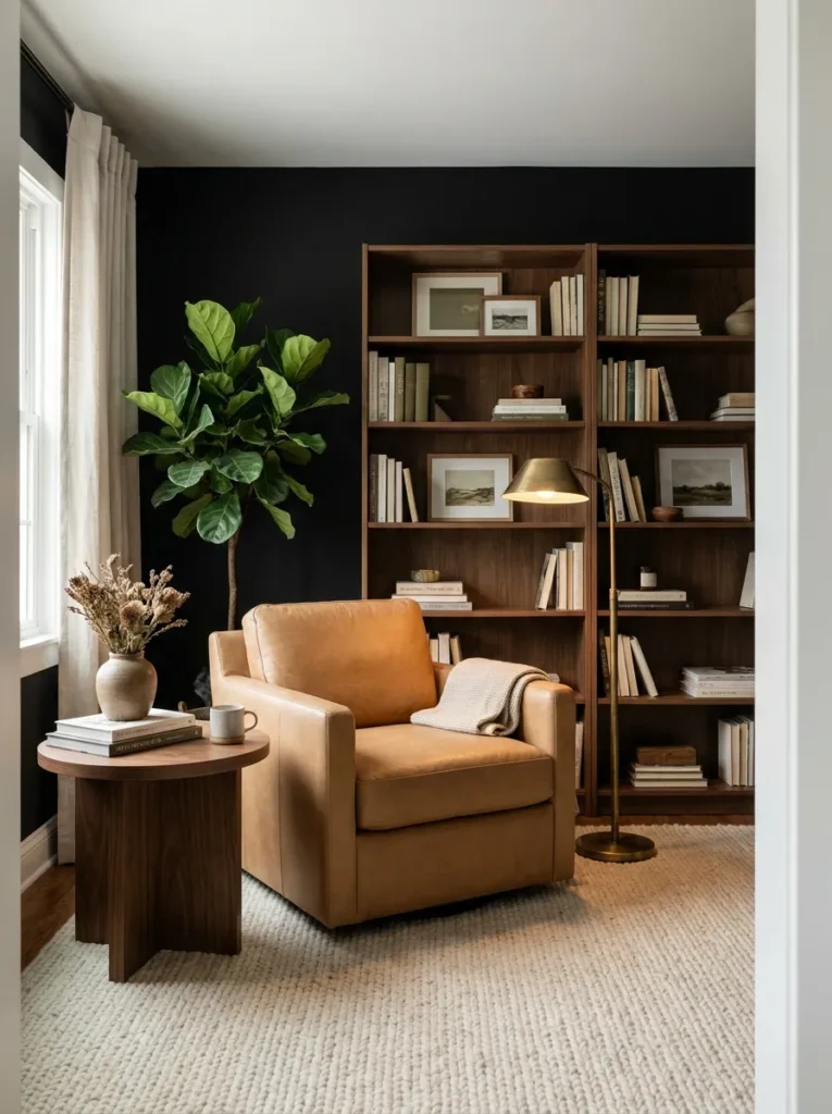 black reading corner black accent wall idea modern