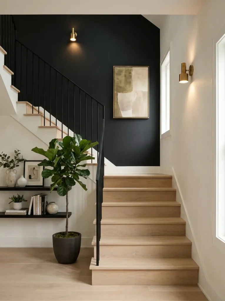 black staircase wall black accent wall idea 2026