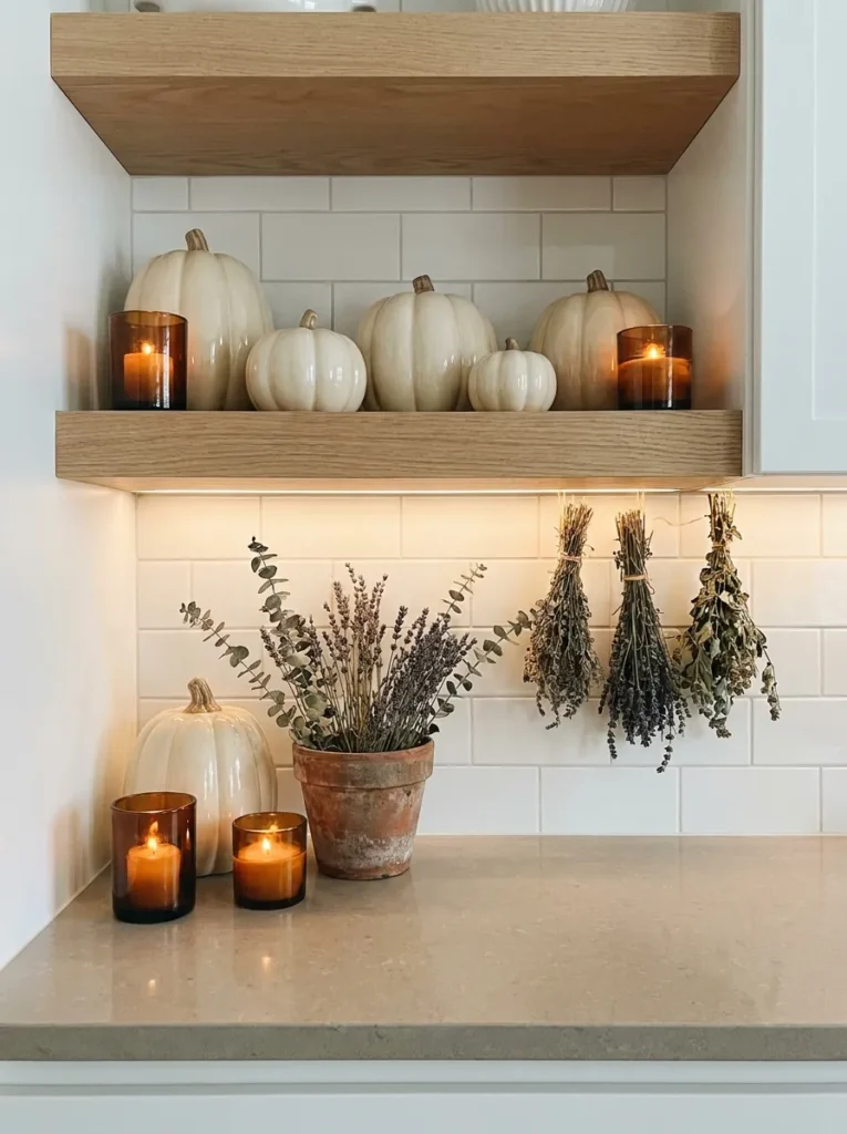 candlelit kitchen shelf fall decor idea for your home 2026