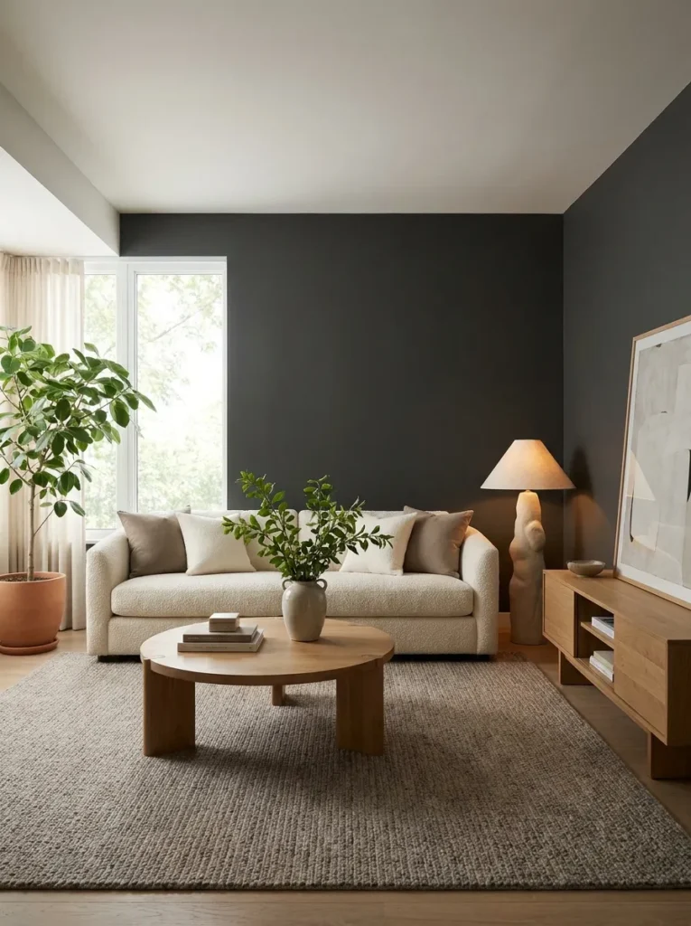 charcoal living room black accent wall idea modern