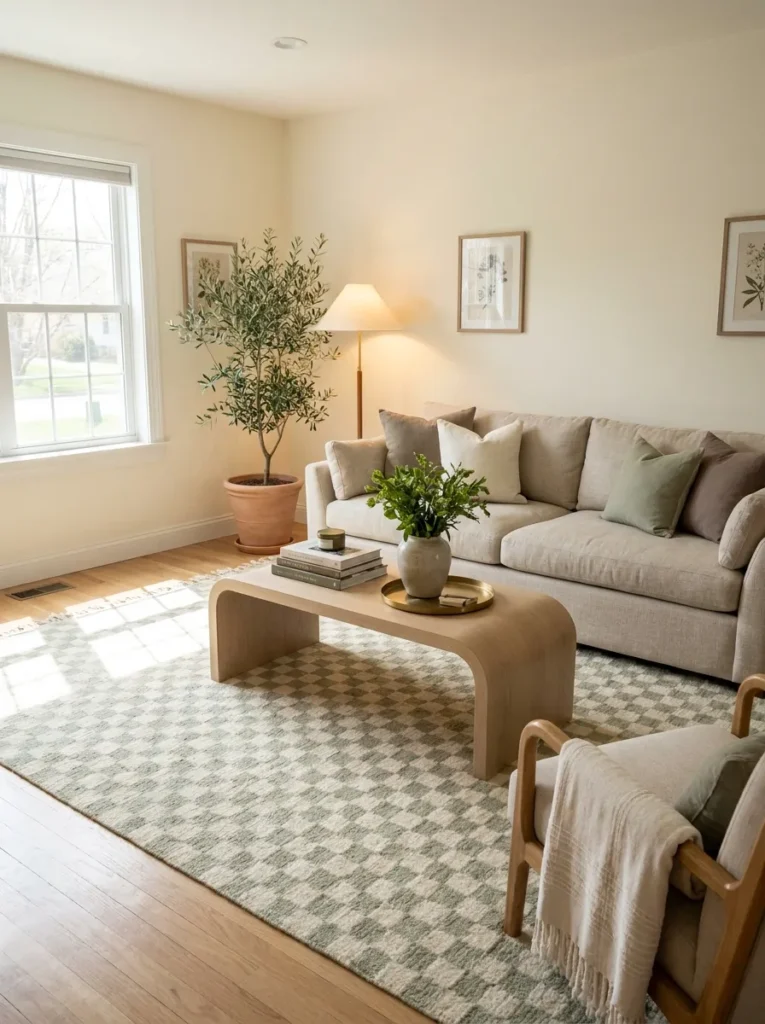 checkered wool rug spring living room decor idea 2026