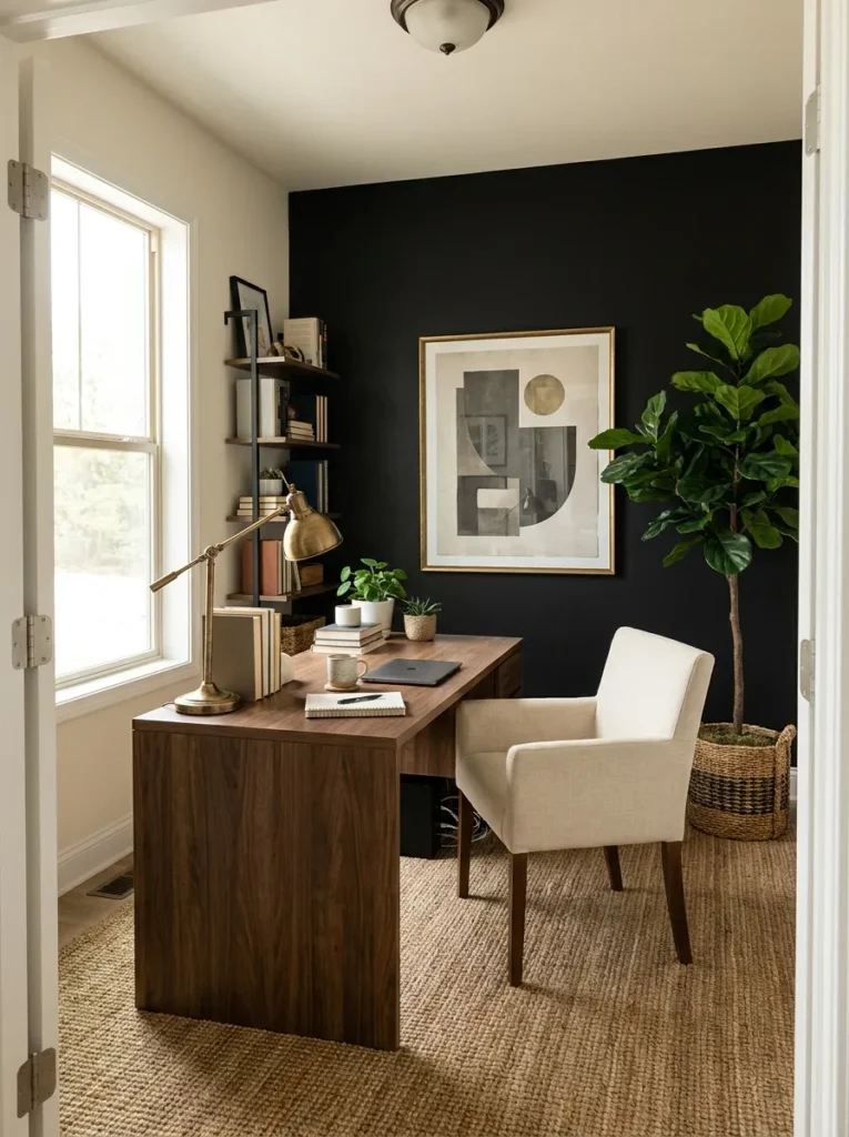 graphic home office black accent wall idea 2026