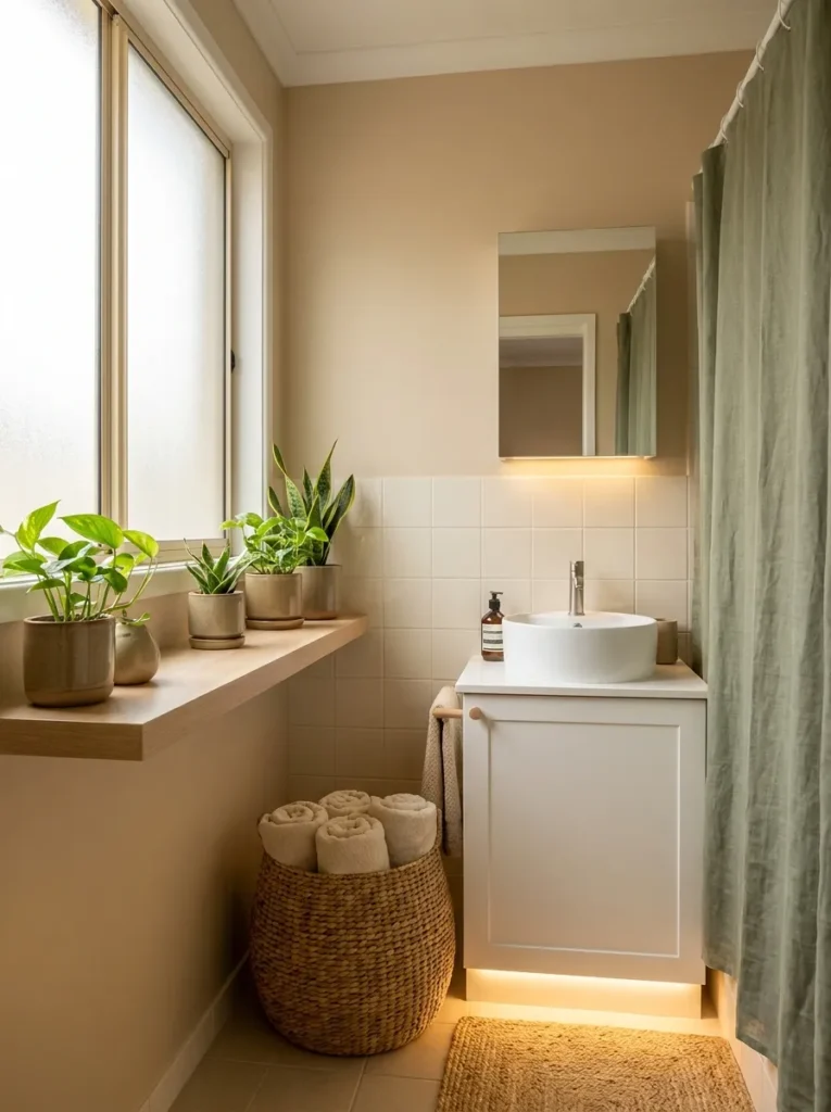 greenery near windows cozy bathroom idea 2026