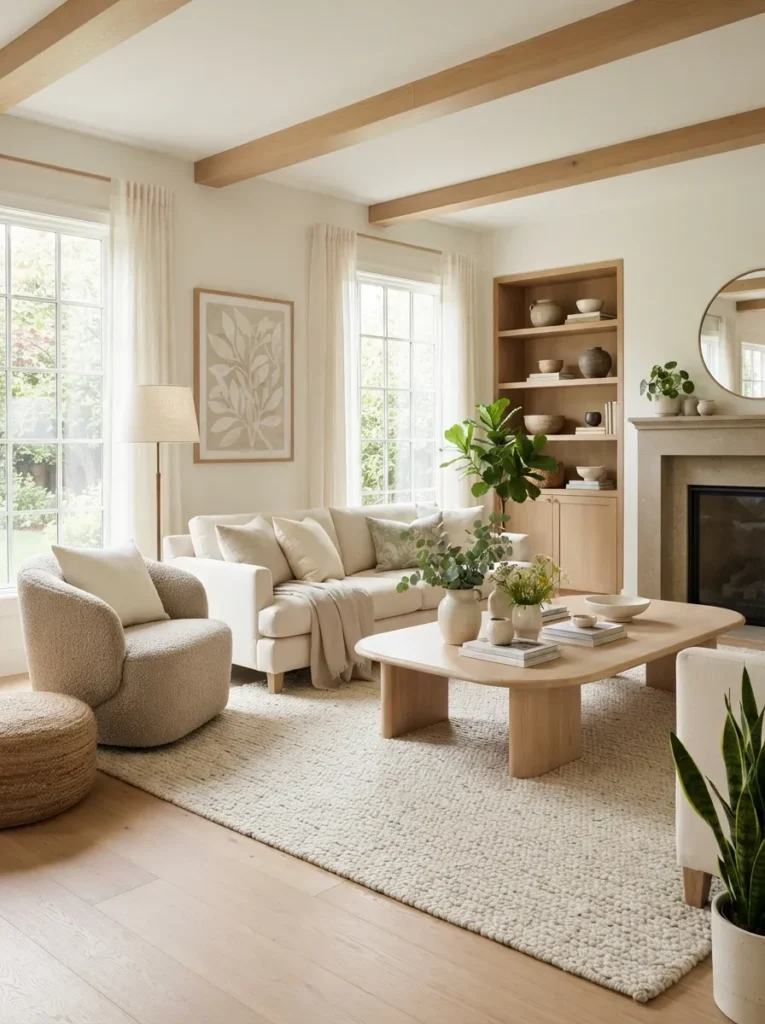 layered neutral seating spring living room decor idea 2026