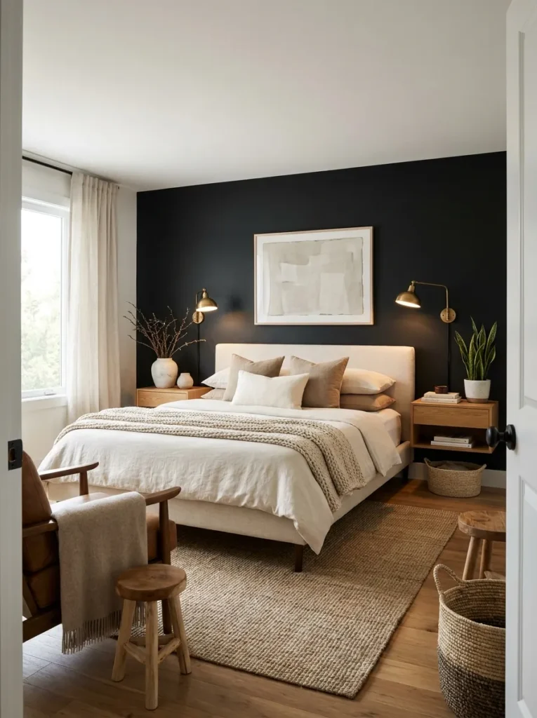 matte bedroom backdrop black accent wall idea 2026