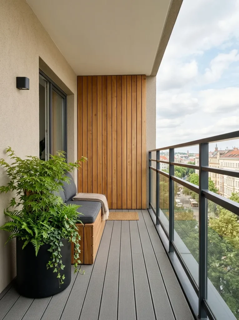 mixed material panels balcony grill design idea 2026