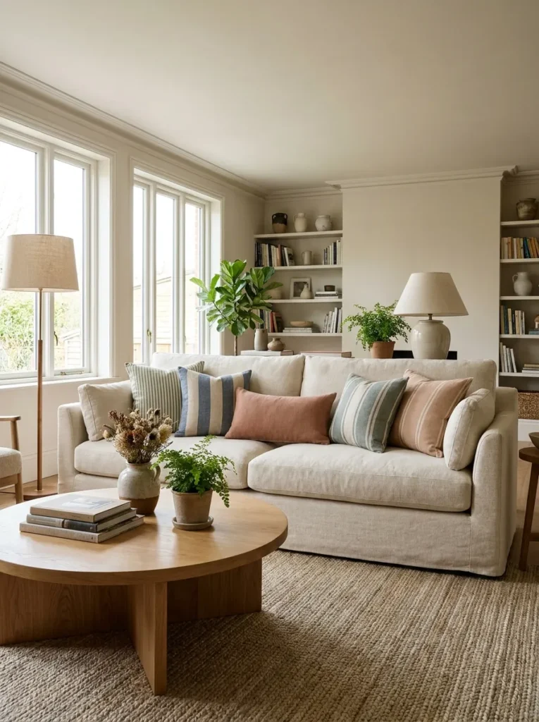 mixed stripe cushions spring living room decor idea 2026