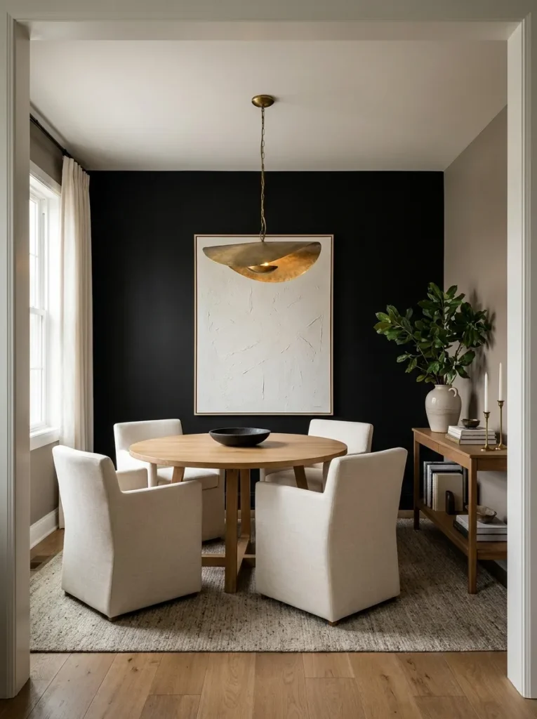 moody dining nook black accent wall idea 2026