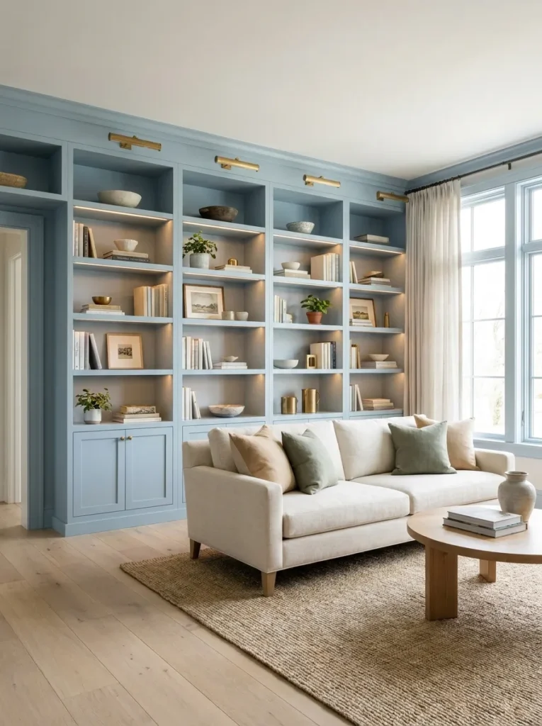 pastel painted shelves spring living room decor idea 2026