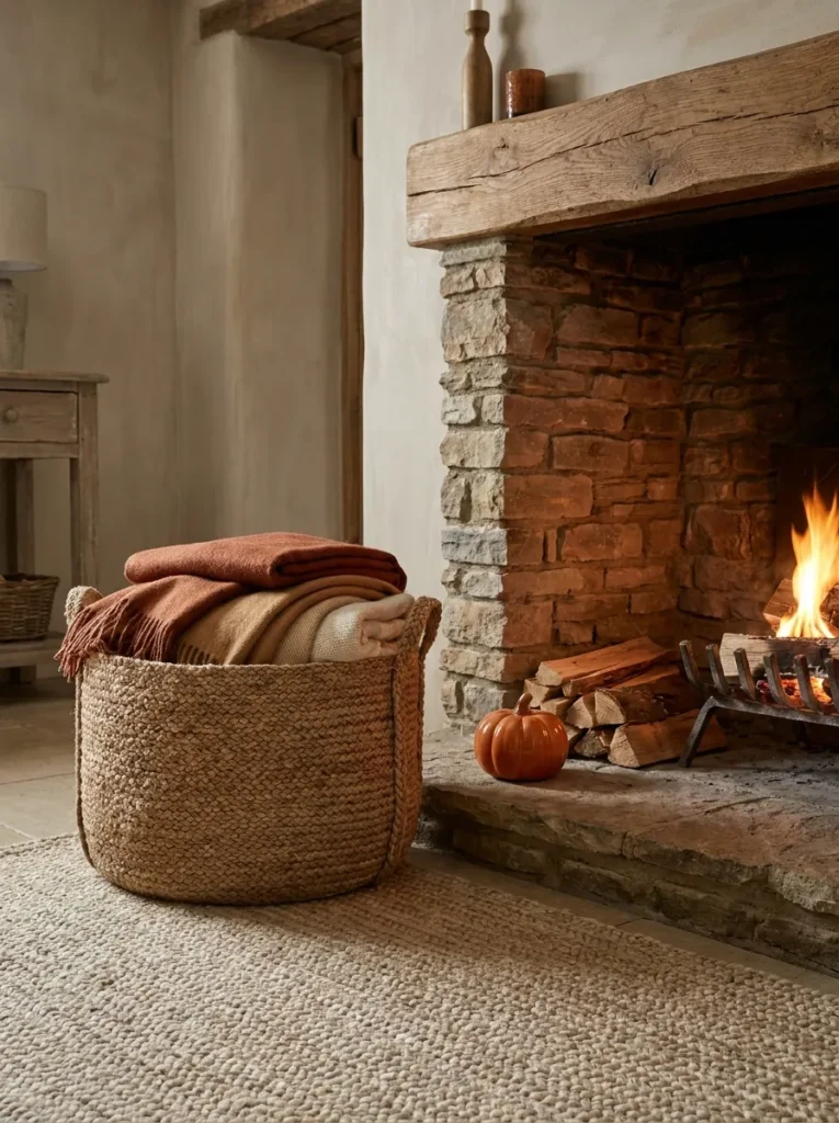 rustic fireplace basket fall decor idea for your home 2026
