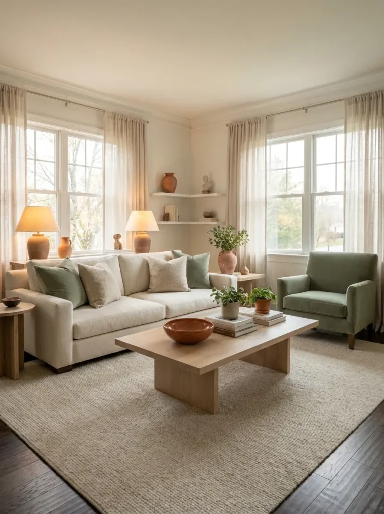 sage green accents spring living room decor idea 2026