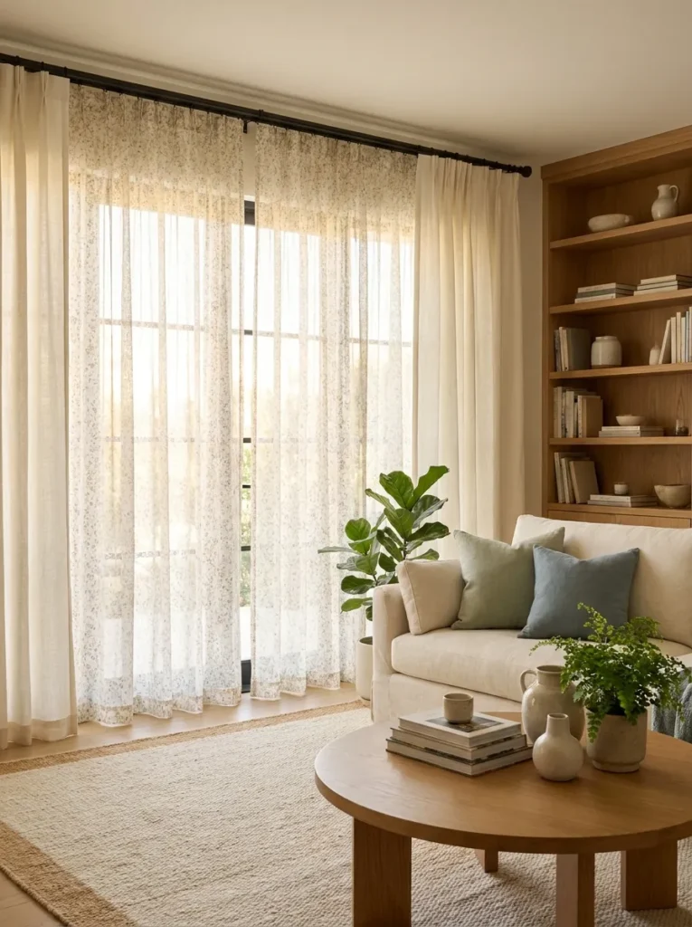 sheer floral curtains spring living room decor idea 2026