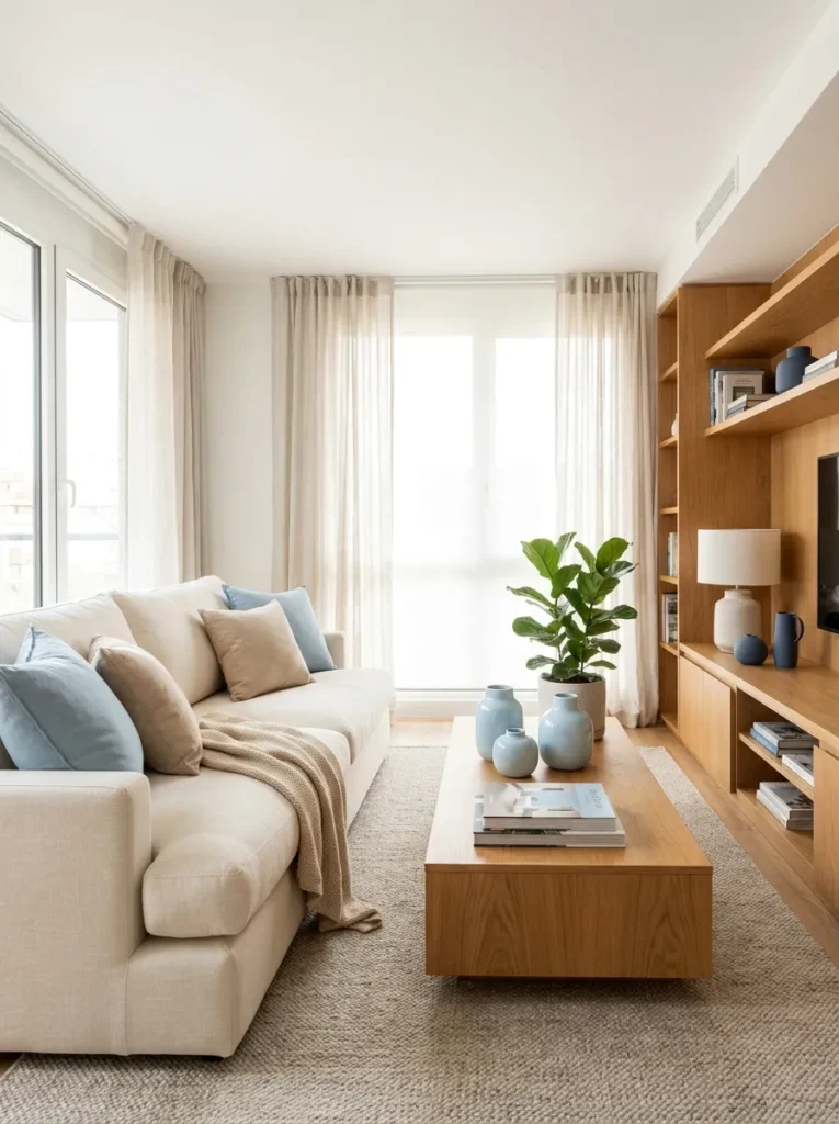 soft blue details spring living room decor idea 2026