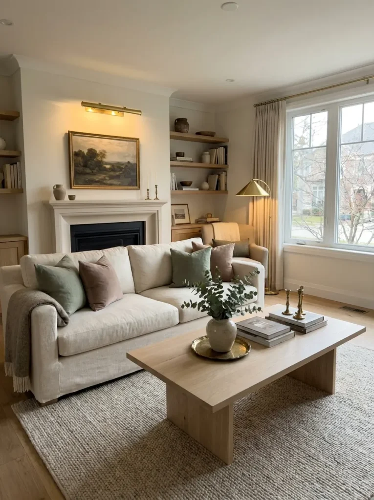 vintage brass accents spring living room decor idea 2026