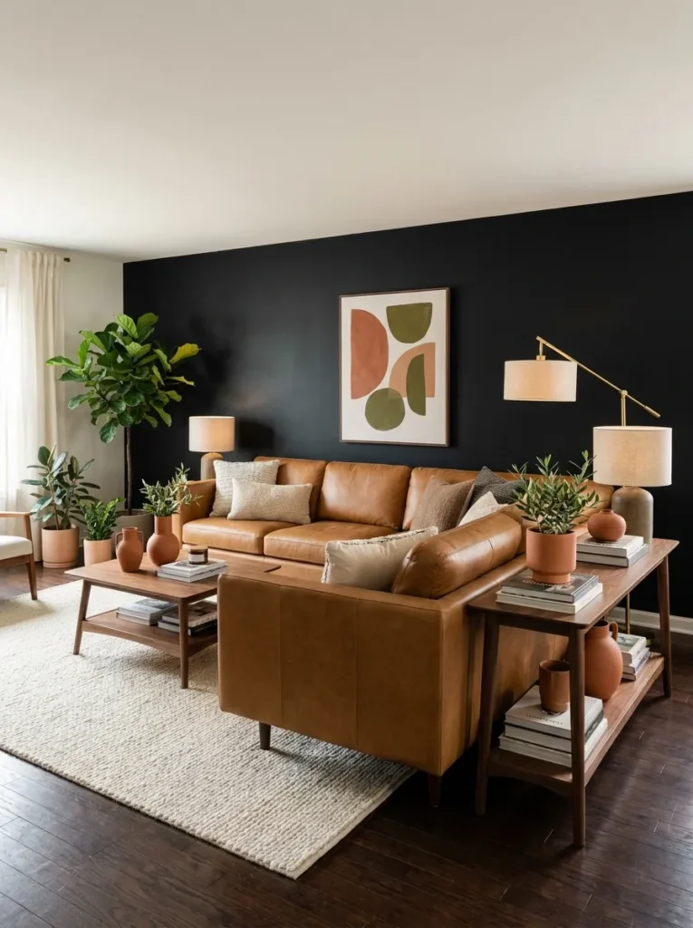 warm black accent walls with natural material pairings 2026