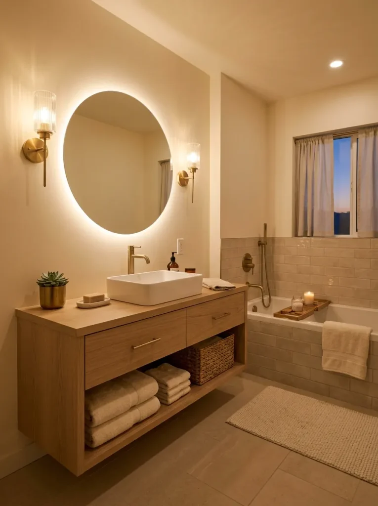 warm evening lighting cozy bathroom idea modern