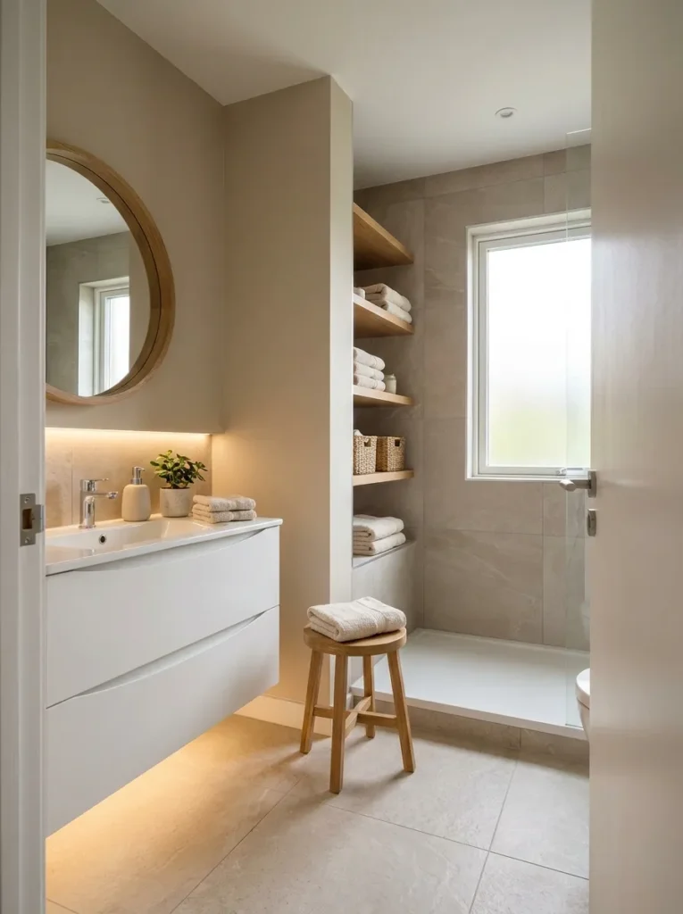warm neutral walls cozy bathroom idea 2026