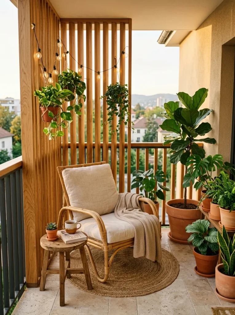wooden privacy screen balcony grill design idea 2026