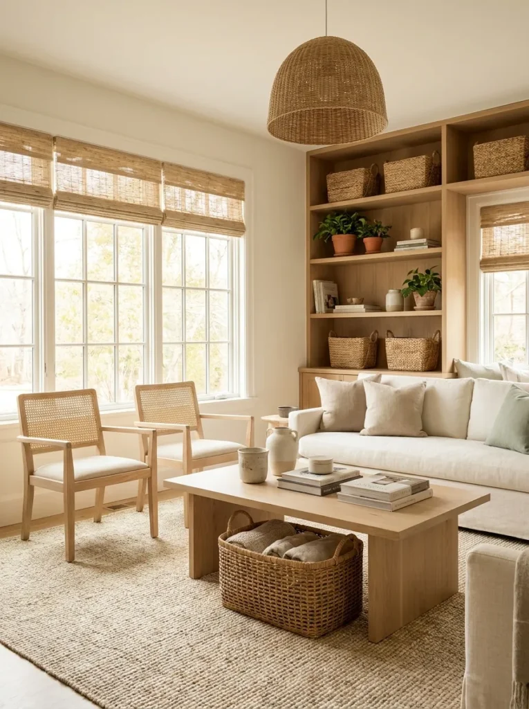 woven natural textures spring living room decor idea 2026