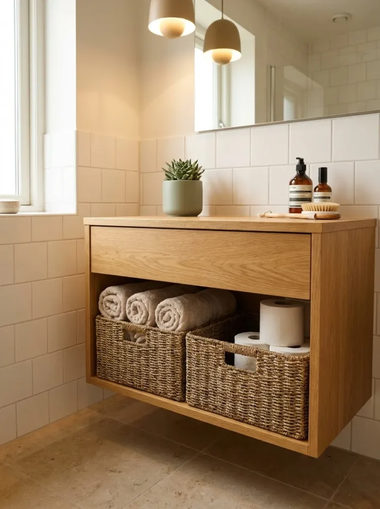 woven storage baskets cozy bathroom idea 2026