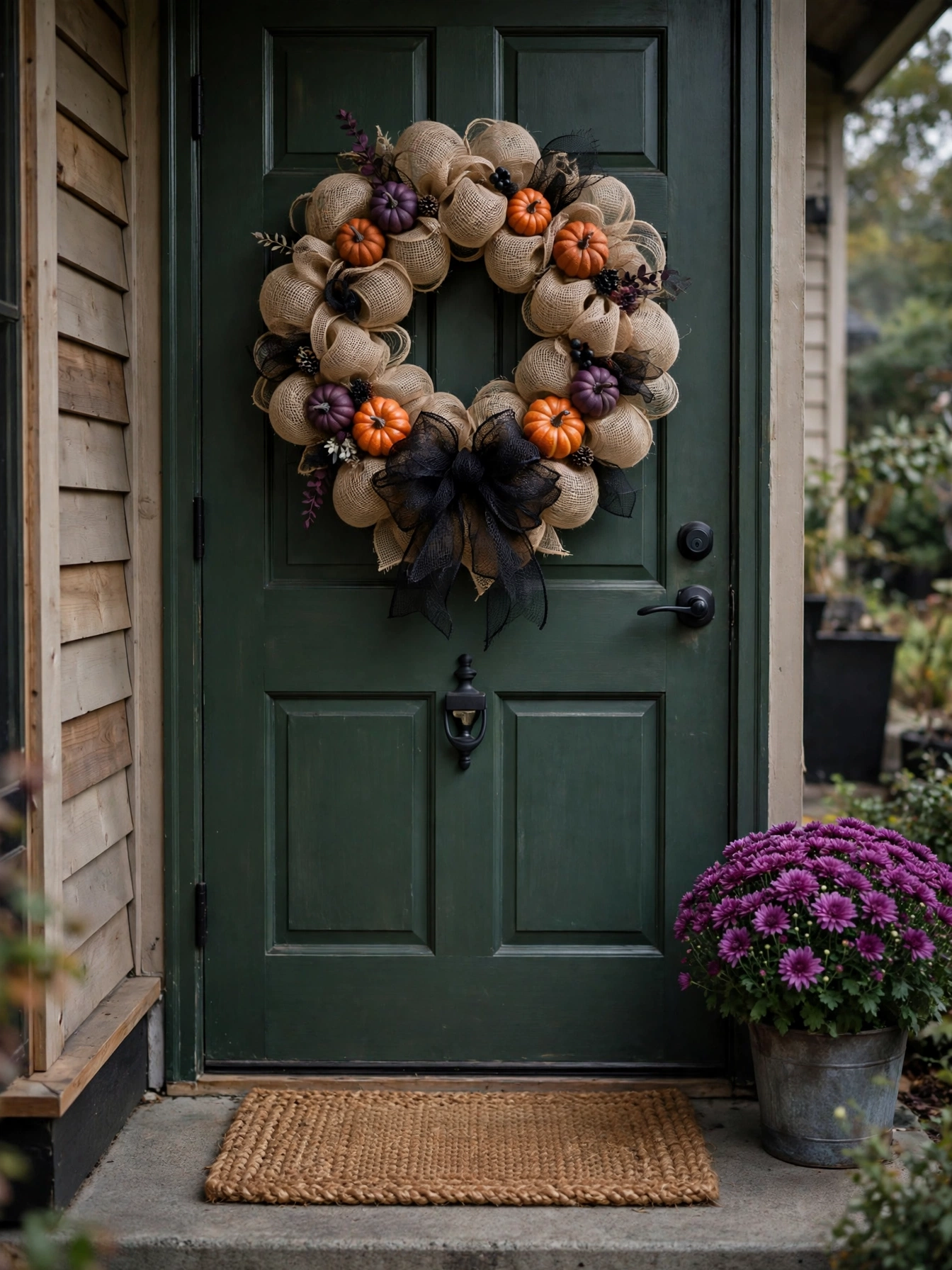 A handmade burlap bubble wreath hanging on a dark green front door, a DIY Halloween door decor idea for 2026