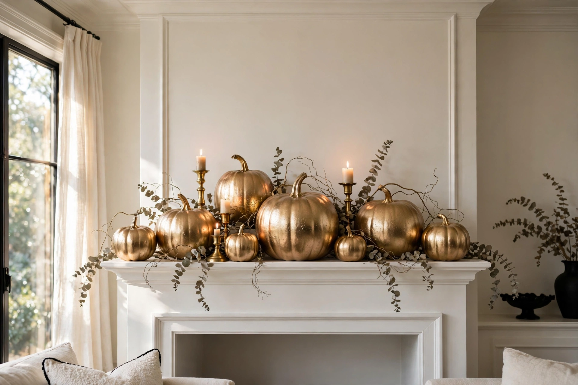 Gold gilded pumpkins arranged on a fireplace mantel, an elegant Halloween decor idea for 2026