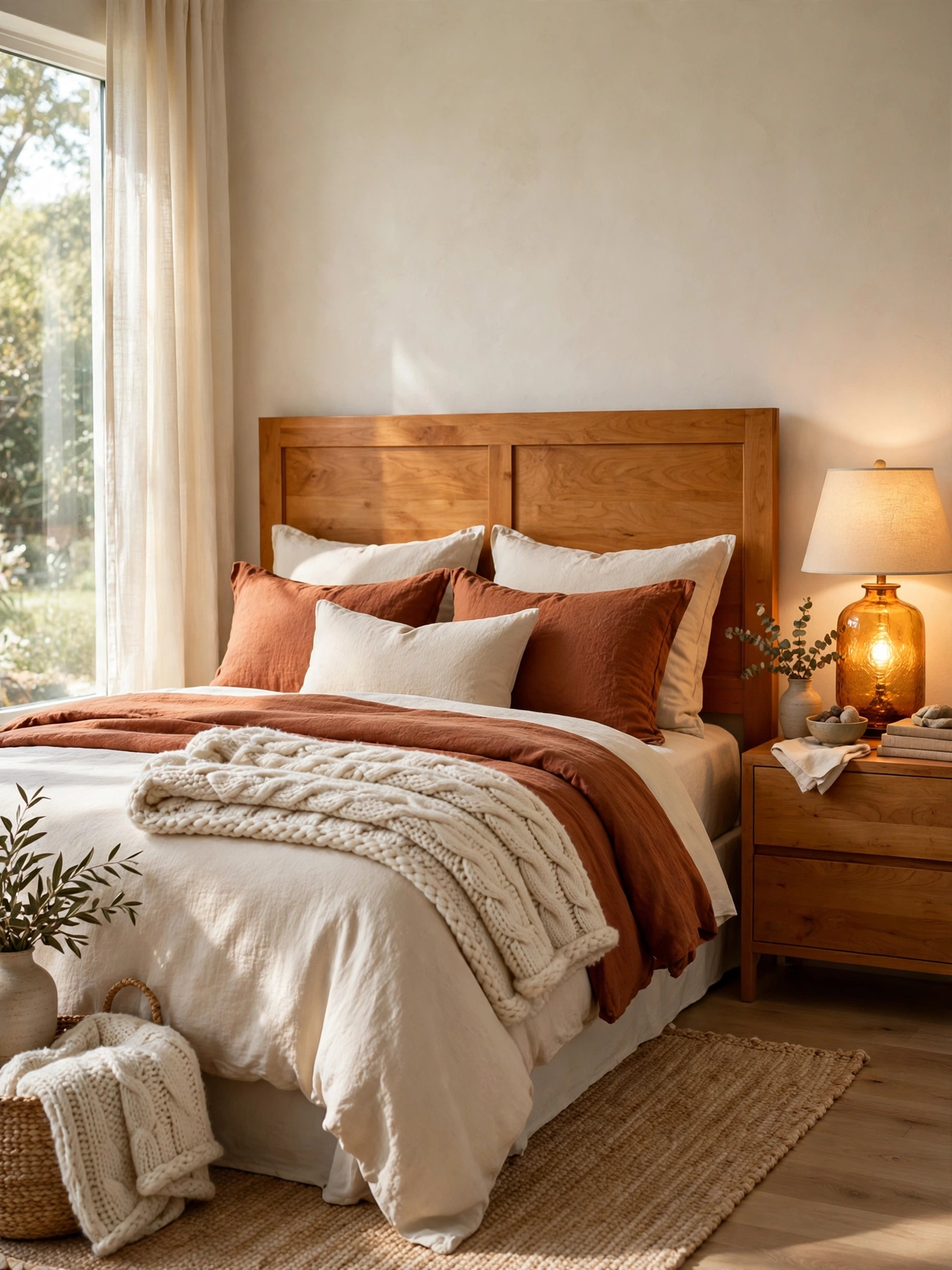 Solid maple headboard in a warm honey stain behind layered rust and cream bedding, one of the coziest fall bedroom decor ideas for autumn 2026.