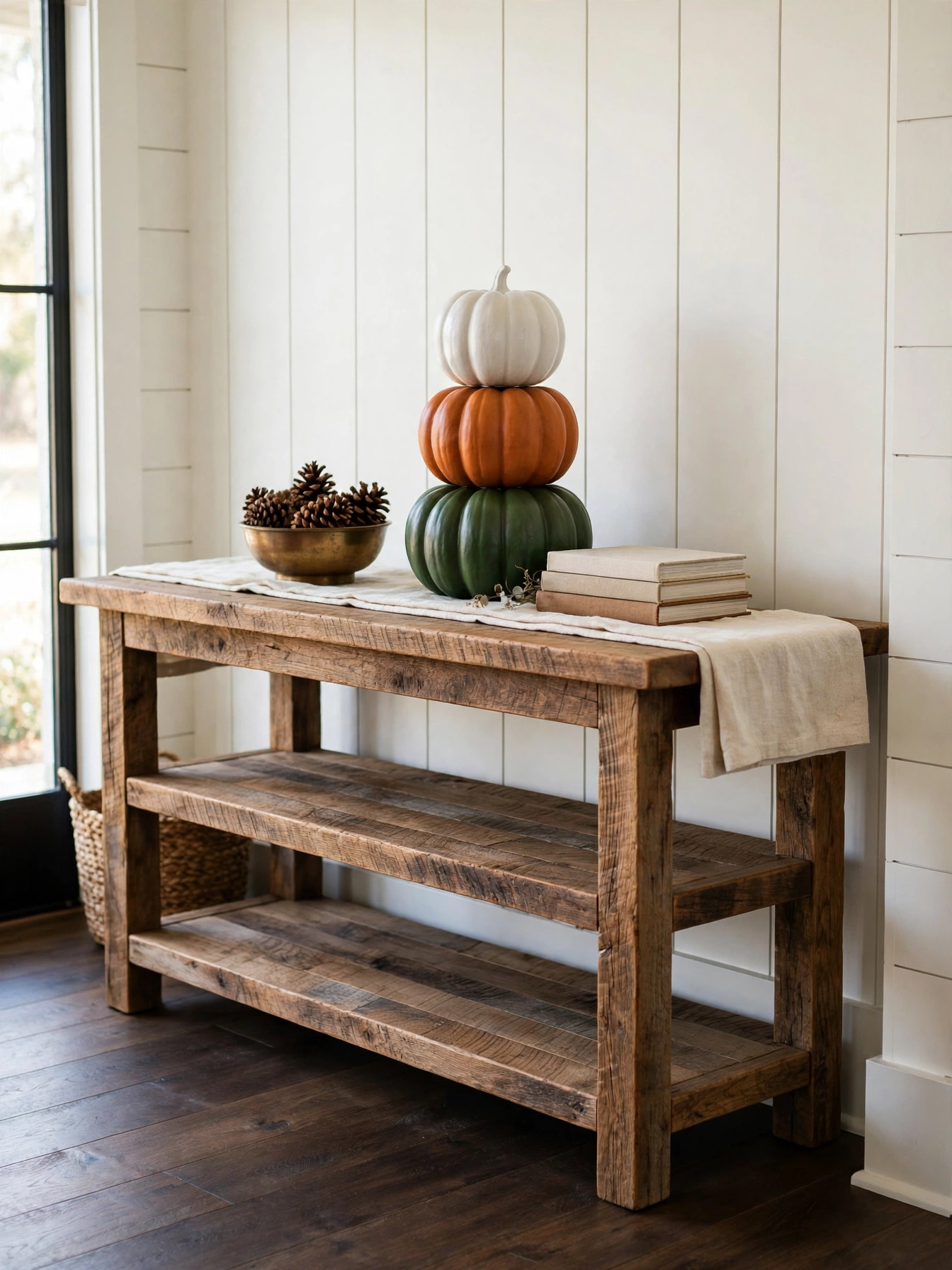 Fall entry table decor ideas for autumn 2026: a rustic oak console styled with a stacked trio of ceramic pumpkins beside a brass bowl of pinecones.
